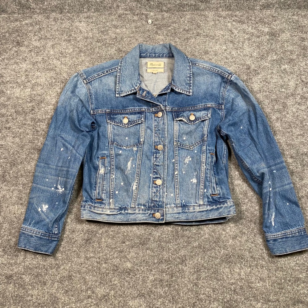Madewell Boxy-Crop Denim Jacket‎ Blue Paint Splatter Distressed Womens Small